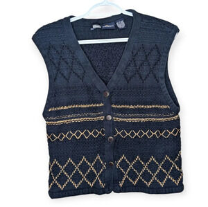 Vintage Liz Sport  Navy & Copper Knit Button Down Vest Cardigan Women L
